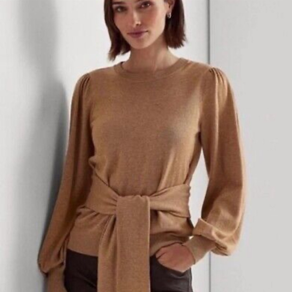 RALPH LAUREN Black Label Tie Waist  Balloon Sleeve Cotton Modal Sweater XS - Picture 2 of 8